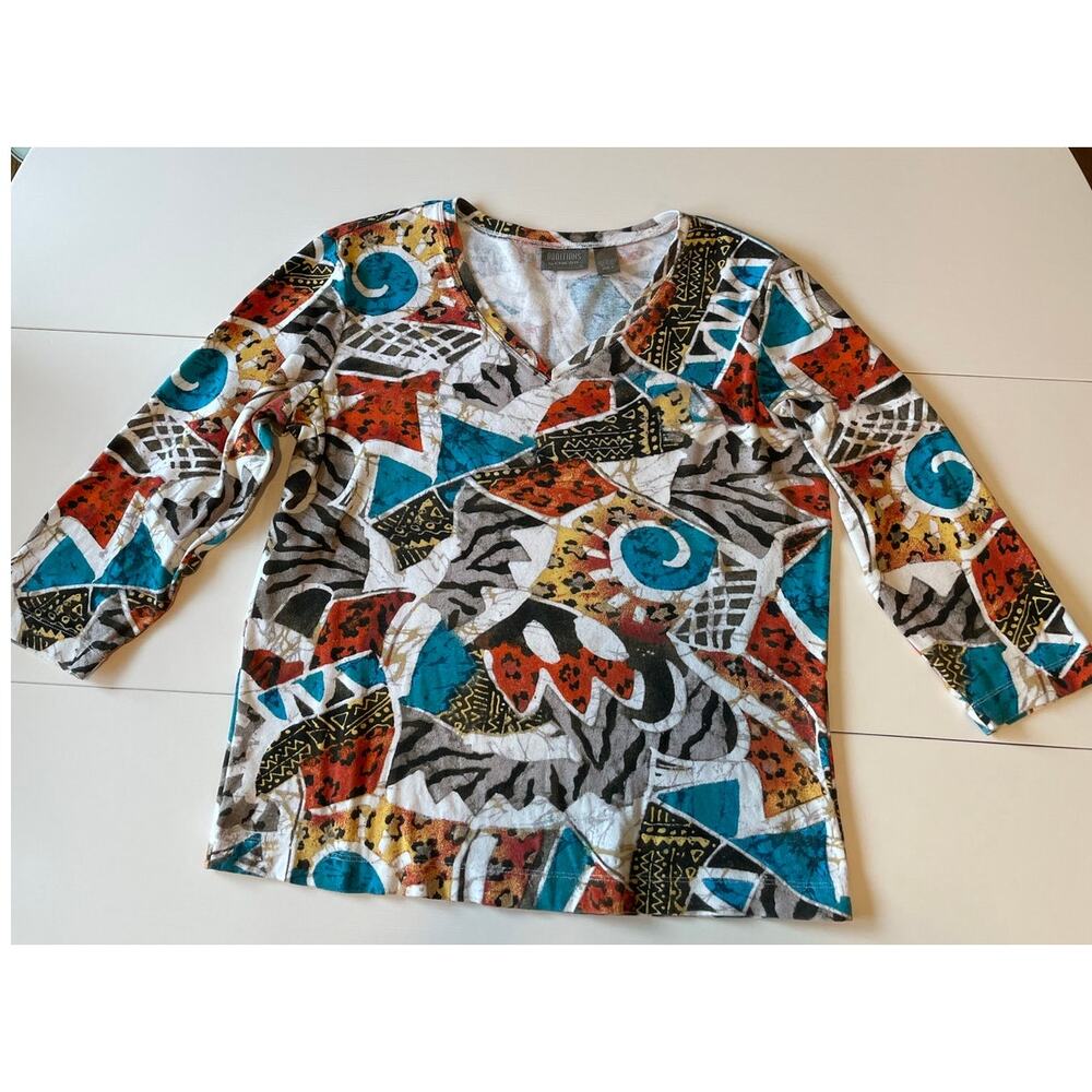 Chico’s Additions 100% Cotton Top Sz Large V-Neck Abstract Colorful Artsy Boho - Picture 5 of 8
